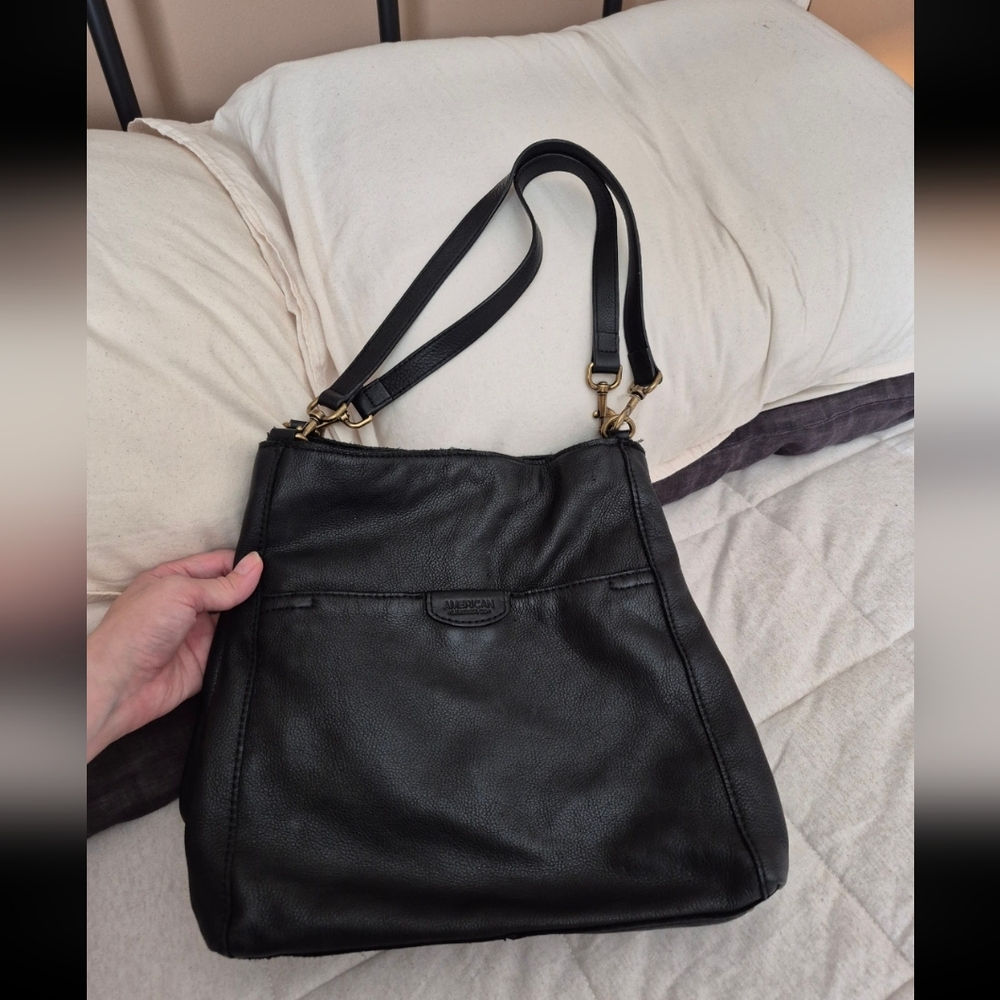 American Leather Co Black Leather Triple Entry Purse Shoulder Bag